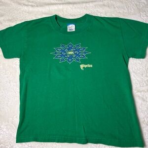 Pacifica Green Short Sleeve Tee with Blue Graphic and Yellow Logo